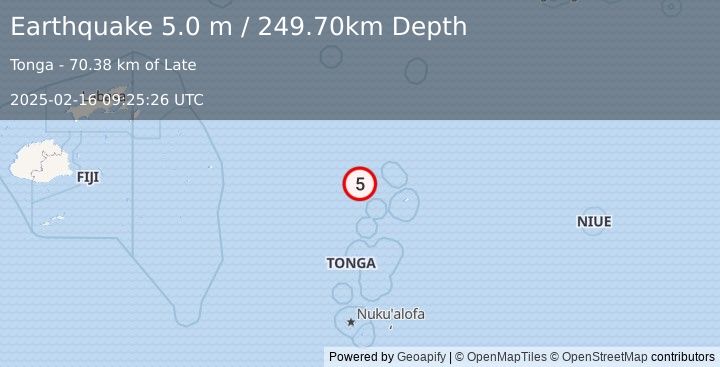 Earthquake TONGA (5.0 mb) (2025-02-16 09:25:24 UTC)