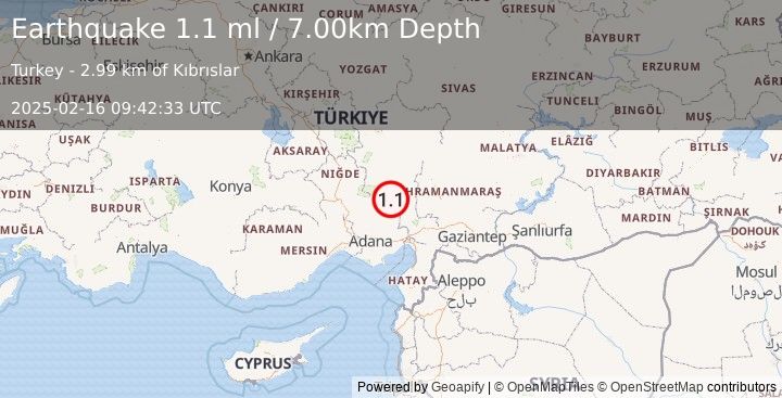 Earthquake CENTRAL TURKEY (1.1 ml) (2025-02-16 09:42:33 UTC)