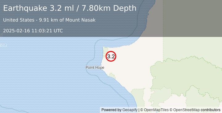 Earthquake NORTHERN ALASKA (3.2 ml) (2025-02-16 11:03:21 UTC)