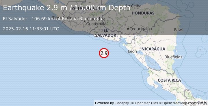 Earthquake OFF THE COAST OF EL SALVADOR (2.9 m) (2025-02-16 11:33:01 UTC)