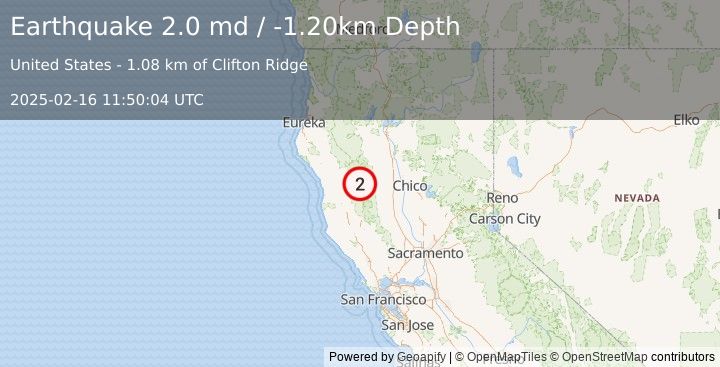 Earthquake NORTHERN CALIFORNIA (2.0 md) (2025-02-16 11:50:04 UTC)