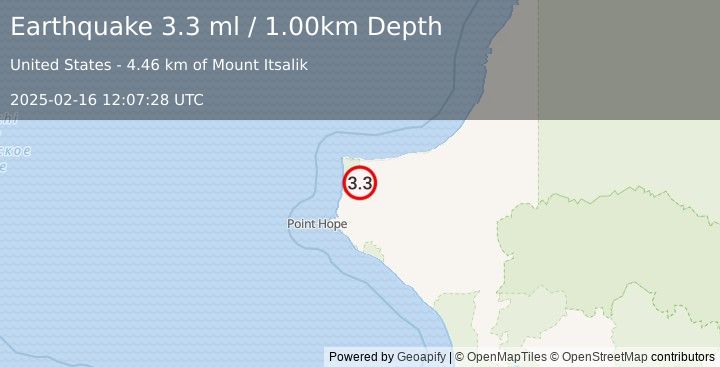 Earthquake NORTHERN ALASKA (3.3 ml) (2025-02-16 12:07:28 UTC)