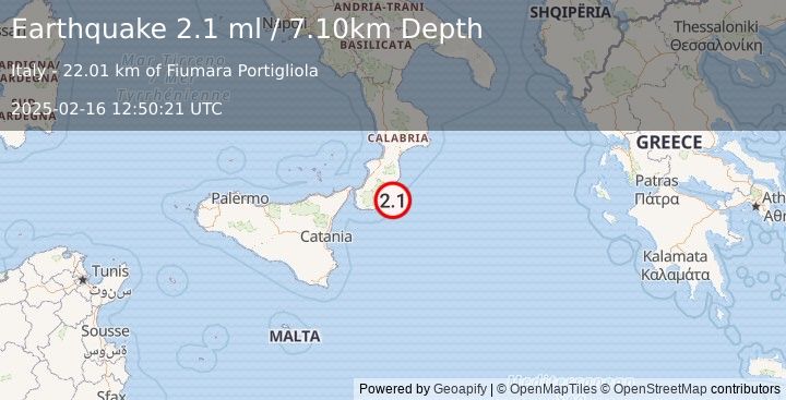 Earthquake SOUTHERN ITALY (2.1 ml) (2025-02-16 12:50:21 UTC)