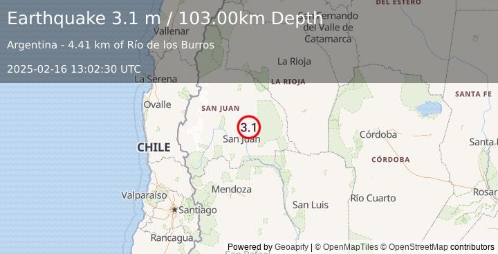 Earthquake SAN JUAN, ARGENTINA (3.1 m) (2025-02-16 13:02:30 UTC)