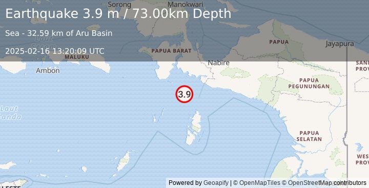 Earthquake NEAR S COAST OF PAPUA, INDONESIA (3.9 m) (2025-02-16 13:20:09 UTC)