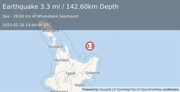 Earthquake OFF E. COAST OF N. ISLAND, N.Z. (3.3 ml) (2025-02-16 14:44:49 UTC)