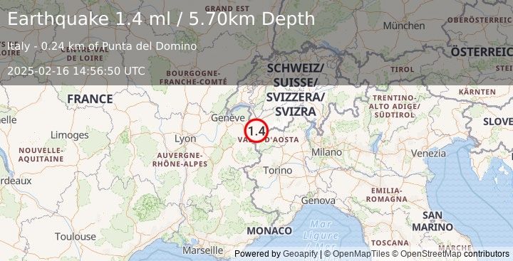 Earthquake NORTHERN ITALY (1.4 ml) (2025-02-16 14:56:50 UTC)