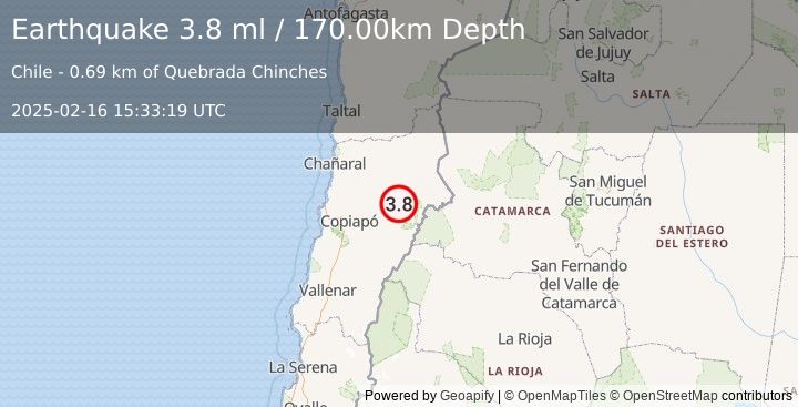 Earthquake ATACAMA, CHILE (3.8 ml) (2025-02-16 15:33:21 UTC)