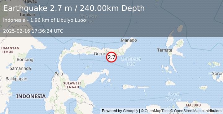 Earthquake MINAHASA, SULAWESI, INDONESIA (2.7 m) (2025-02-16 17:36:24 UTC)