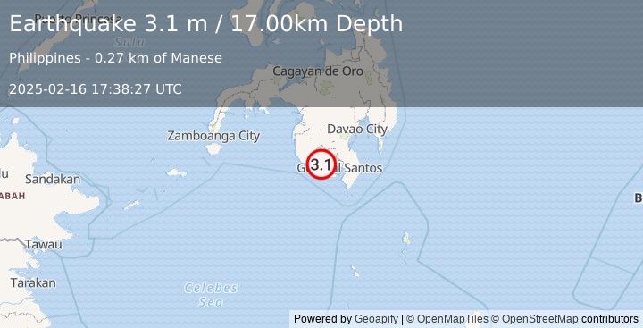 Earthquake MINDANAO, PHILIPPINES (3.1 m) (2025-02-16 17:38:27 UTC)