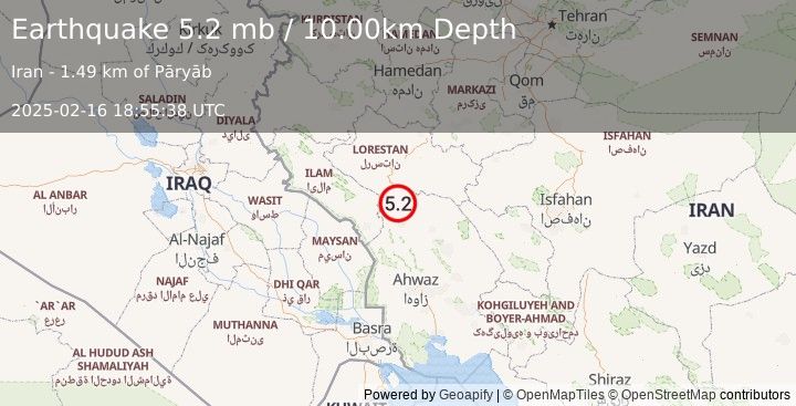 Earthquake WESTERN IRAN (5.2 mb) (2025-02-16 18:55:40 UTC)