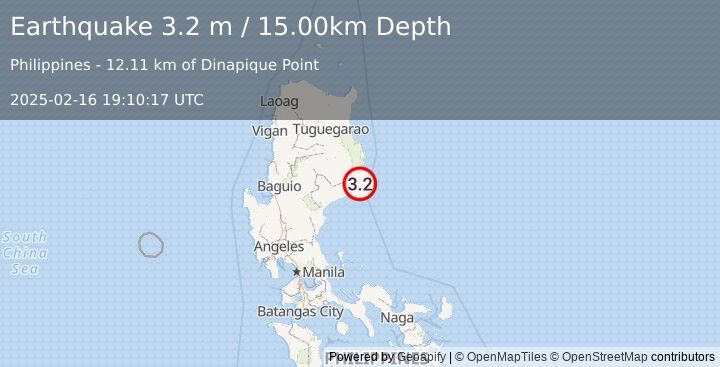 Earthquake LUZON, PHILIPPINES (3.2 m) (2025-02-16 19:10:17 UTC)