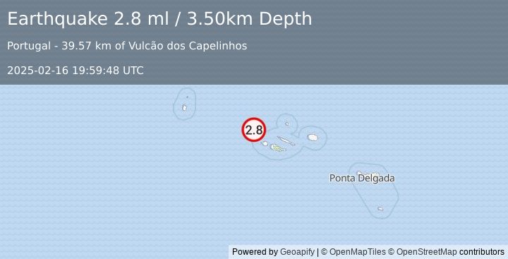 Earthquake AZORES ISLANDS, PORTUGAL (2.8 ml) (2025-02-16 19:59:48 UTC)