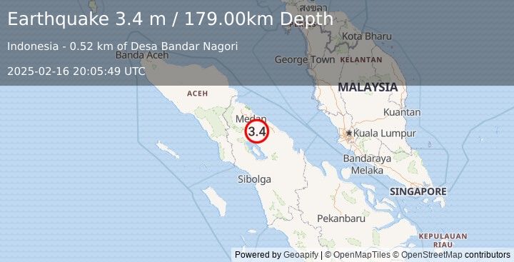 Earthquake NORTHERN SUMATRA, INDONESIA (3.4 m) (2025-02-16 20:05:49 UTC)