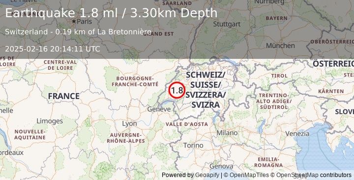 Earthquake SWITZERLAND (1.8 ml) (2025-02-16 20:14:11 UTC)