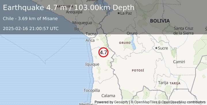 Earthquake TARAPACA, CHILE (4.7 m) (2025-02-16 21:00:57 UTC)