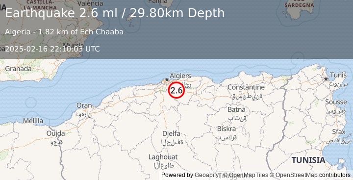 Earthquake NORTHERN ALGERIA (2.6 ml) (2025-02-16 22:10:03 UTC)