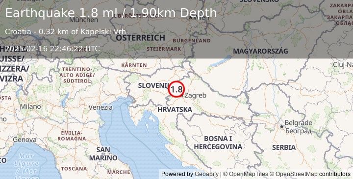 Earthquake CROATIA (1.8 ml) (2025-02-16 22:46:22 UTC)