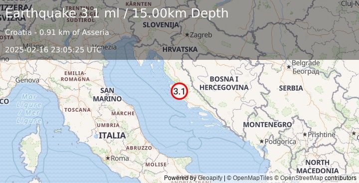 Earthquake CROATIA (3.1 ml) (2025-02-16 23:05:25 UTC)