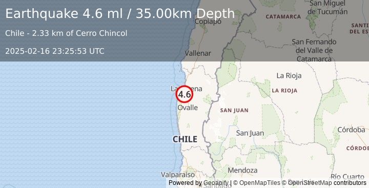 Earthquake COQUIMBO, CHILE (4.6 ml) (2025-02-16 23:25:53 UTC)