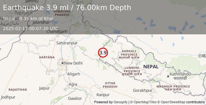 Earthquake NEPAL-INDIA BORDER REGION (3.9 ml) (2025-02-17 00:07:30 UTC)