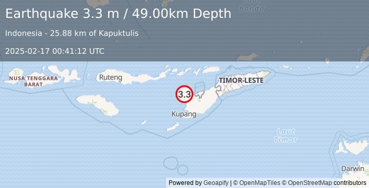 Earthquake TIMOR REGION, INDONESIA (3.3 m) (2025-02-17 00:41:12 UTC)