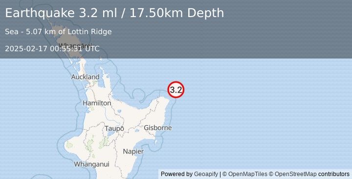 Earthquake OFF E. COAST OF N. ISLAND, N.Z. (3.2 ml) (2025-02-17 00:55:31 UTC)