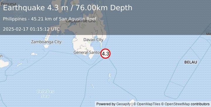 Earthquake MINDANAO, PHILIPPINES (4.2 m) (2025-02-17 01:15:14 UTC)