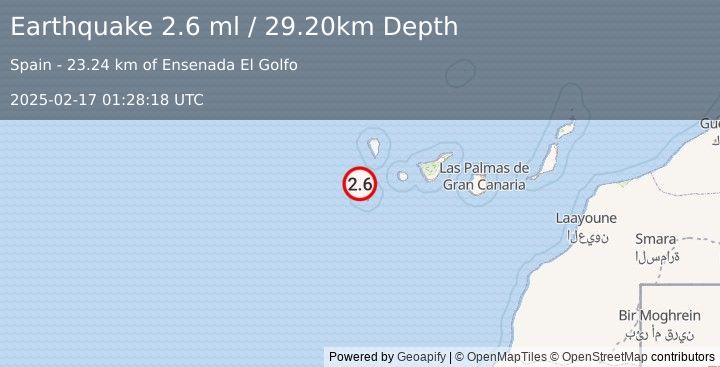 Earthquake CANARY ISLANDS, SPAIN REGION (2.6 ml) (2025-02-17 01:28:18 UTC)