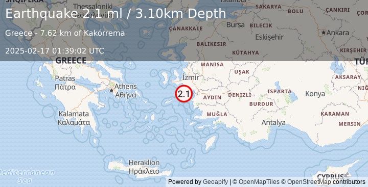 Earthquake DODECANESE ISLANDS, GREECE (2.1 ml) (2025-02-17 01:39:02 UTC)