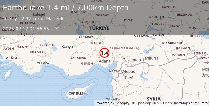 Earthquake CENTRAL TURKEY (1.4 ml) (2025-02-17 01:56:55 UTC)