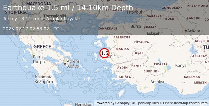 Earthquake NEAR THE COAST OF WESTERN TURKEY (1.5 ml) (2025-02-17 02:58:02 UTC)