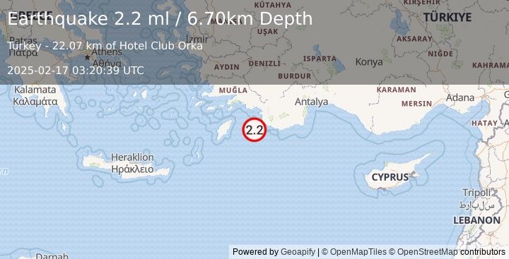 Earthquake DODECANESE IS.-TURKEY BORDER REG (2.2 ml) (2025-02-17 03:20:39 UTC)