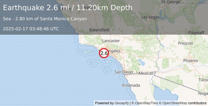 Earthquake SANTA MONICA BAY, CALIFORNIA (2.7 ml) (2025-02-17 03:48:45 UTC)