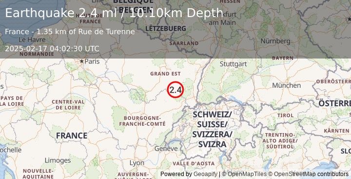 Earthquake FRANCE (2.2 ml) (2025-02-17 04:02:29 UTC)