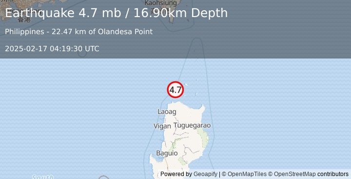 Earthquake BABUYAN ISL REGION, PHILIPPINES (4.7 mb) (2025-02-17 04:19:30 UTC)