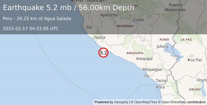 Earthquake NEAR COAST OF SOUTHERN PERU (5.2 mb) (2025-02-17 04:31:05 UTC)