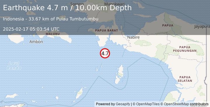 Earthquake NEAR S COAST OF PAPUA, INDONESIA (4.7 m) (2025-02-17 05:03:54 UTC)