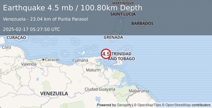 Earthquake OFFSHORE SUCRE, VENEZUELA (4.5 mb) (2025-02-17 05:27:50 UTC)