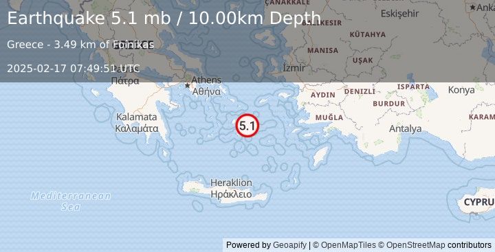 Earthquake DODECANESE ISLANDS, GREECE (5.1 mb) (2025-02-17 07:49:52 UTC)