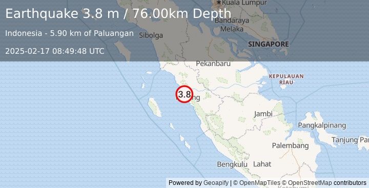 Earthquake SOUTHERN SUMATRA, INDONESIA (3.8 m) (2025-02-17 08:49:48 UTC)