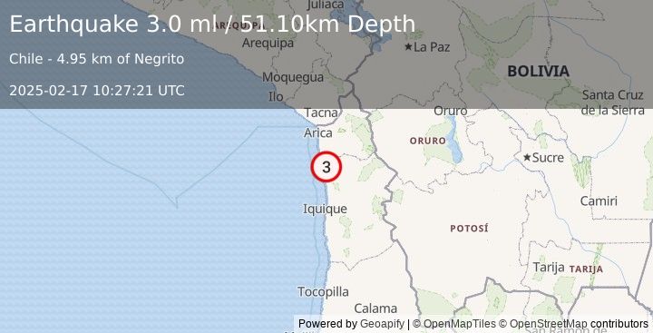 Earthquake TARAPACA, CHILE (3.0 ml) (2025-02-17 10:27:21 UTC)