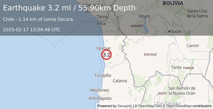 Earthquake TARAPACA, CHILE (3.2 ml) (2025-02-17 13:04:49 UTC)