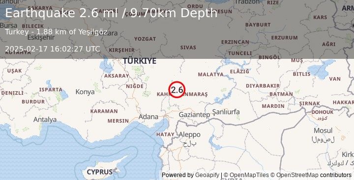 Earthquake CENTRAL TURKEY (2.6 ml) (2025-02-17 16:02:27 UTC)