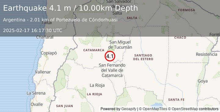 Earthquake TUCUMAN, ARGENTINA (4.1 m) (2025-02-17 16:17:30 UTC)