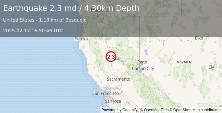 Earthquake NORTHERN CALIFORNIA (2.3 md) (2025-02-17 16:50:46 UTC)