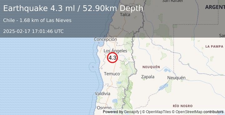 Earthquake ARAUCANIA, CHILE (4.3 ml) (2025-02-17 17:01:46 UTC)