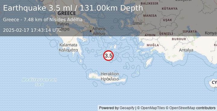 Earthquake DODECANESE ISLANDS, GREECE (3.5 ml) (2025-02-17 17:43:14 UTC)