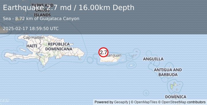 Earthquake PUERTO RICO REGION (2.7 md) (2025-02-17 18:59:50 UTC)