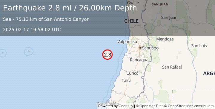 Earthquake OFF COAST OF VALPARAISO, CHILE (2.8 ml) (2025-02-17 19:58:02 UTC)